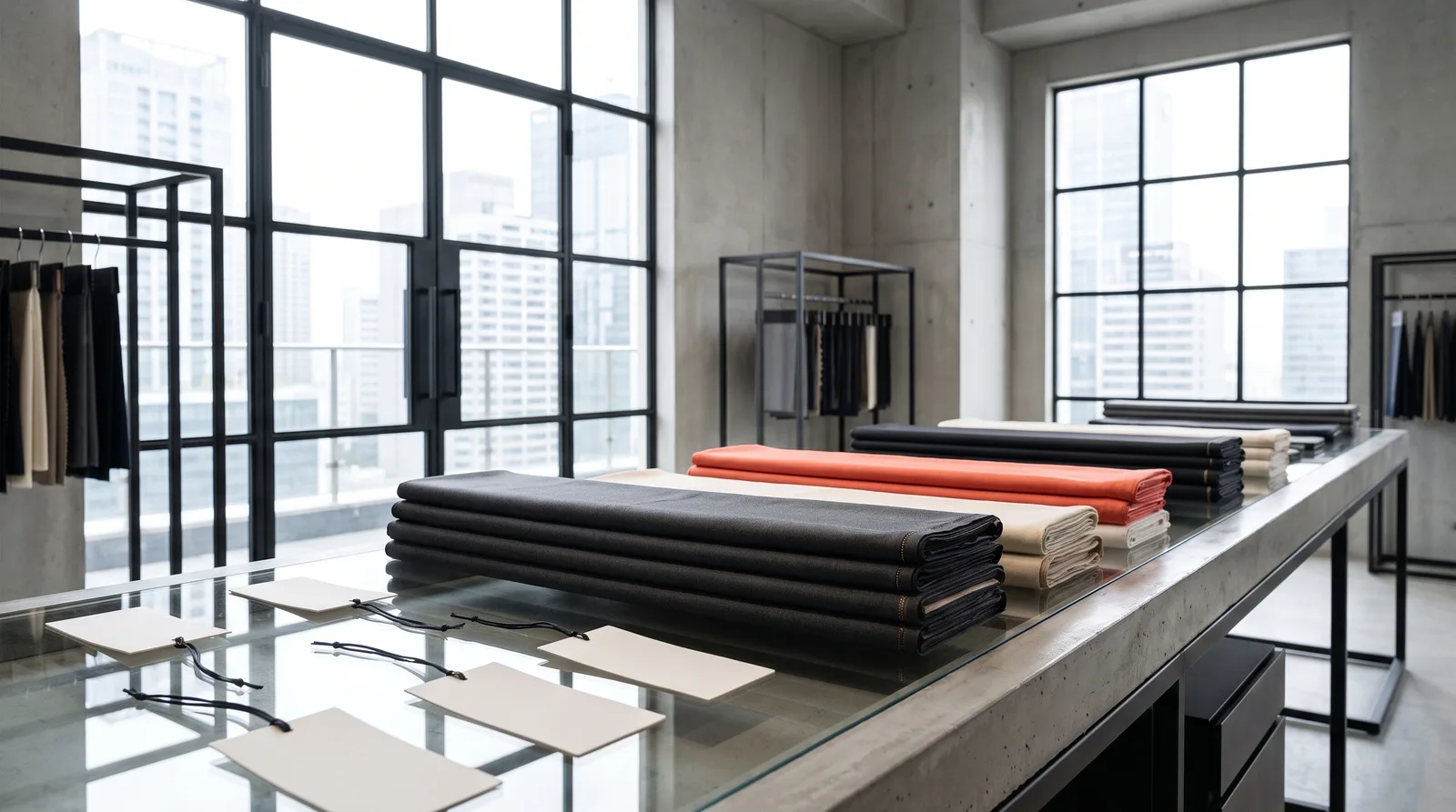 Atelier sartoriale con tessuti e cartellini in luce naturale