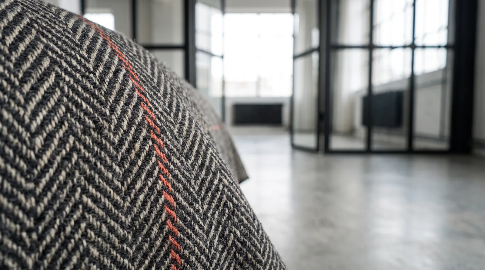 Macro shot of fine herringbone wool fabric weave, texture detail