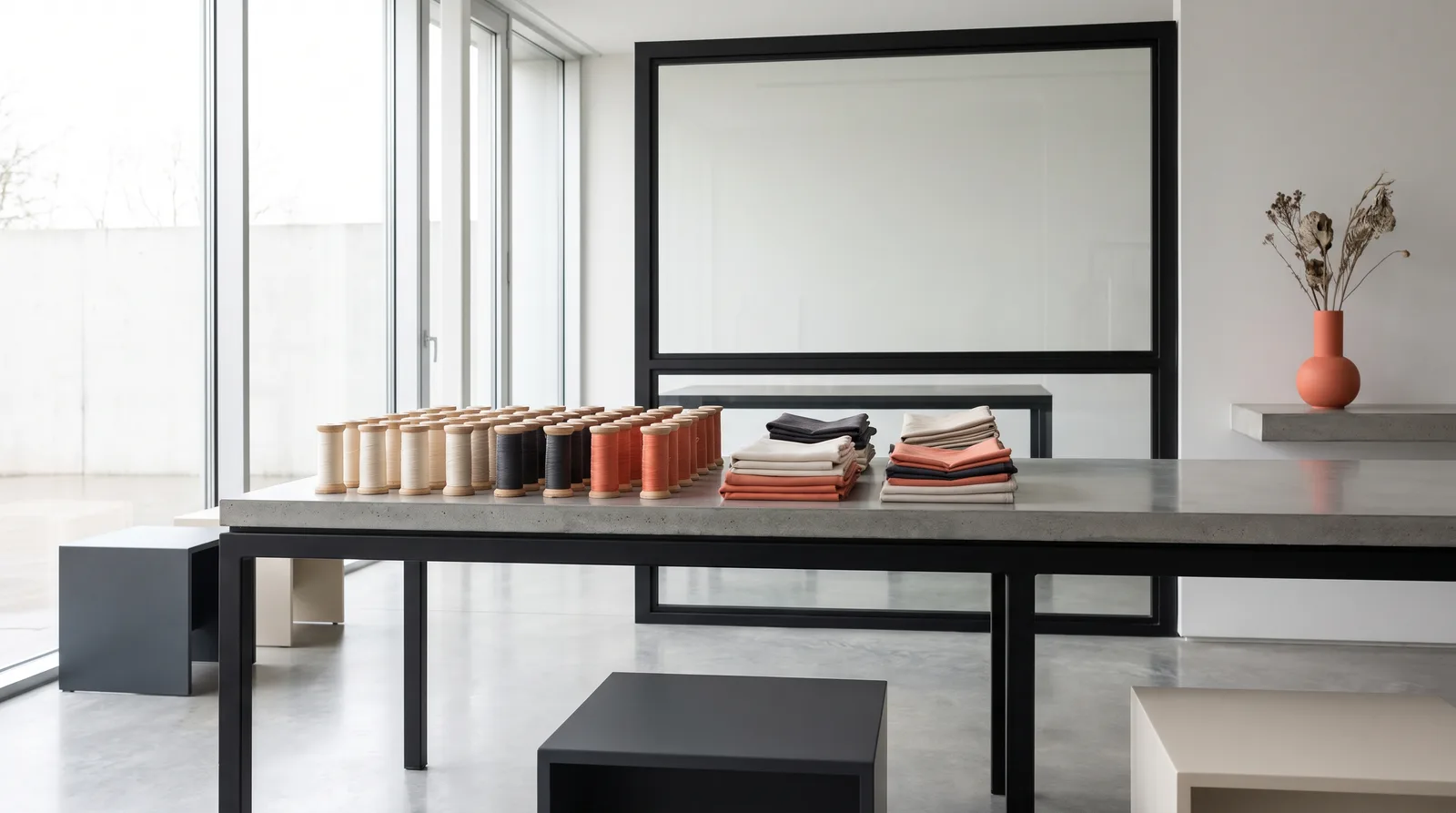 Corner of an atelier with neatly arranged thread spools and fabric offcuts, warm atmosphere