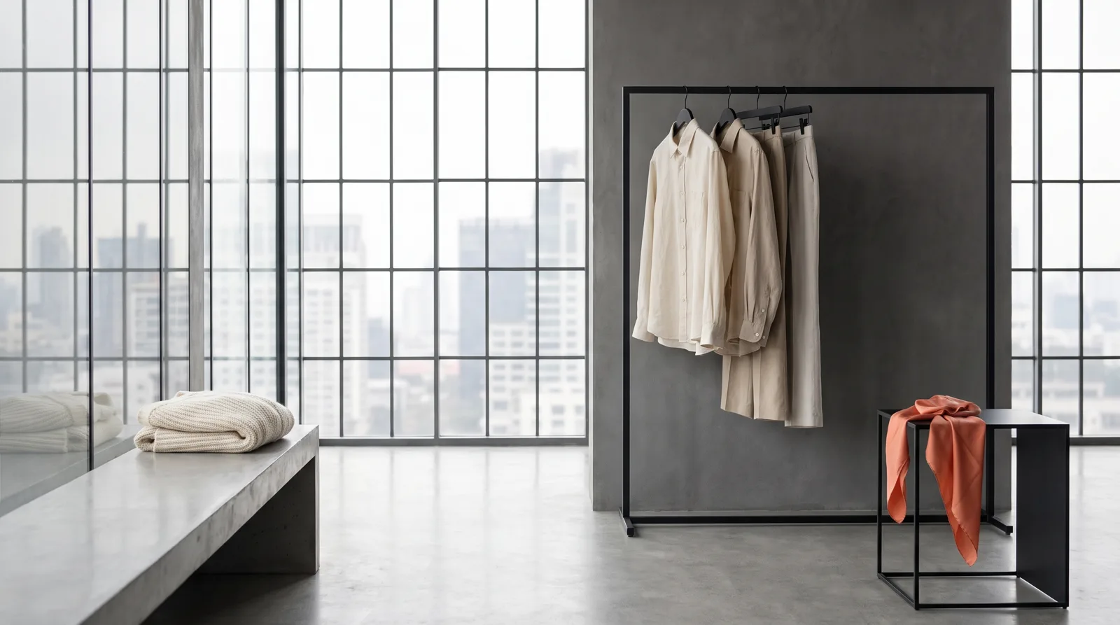 Camerino minimale con una barra in acciaio nero e pochi capi neutri