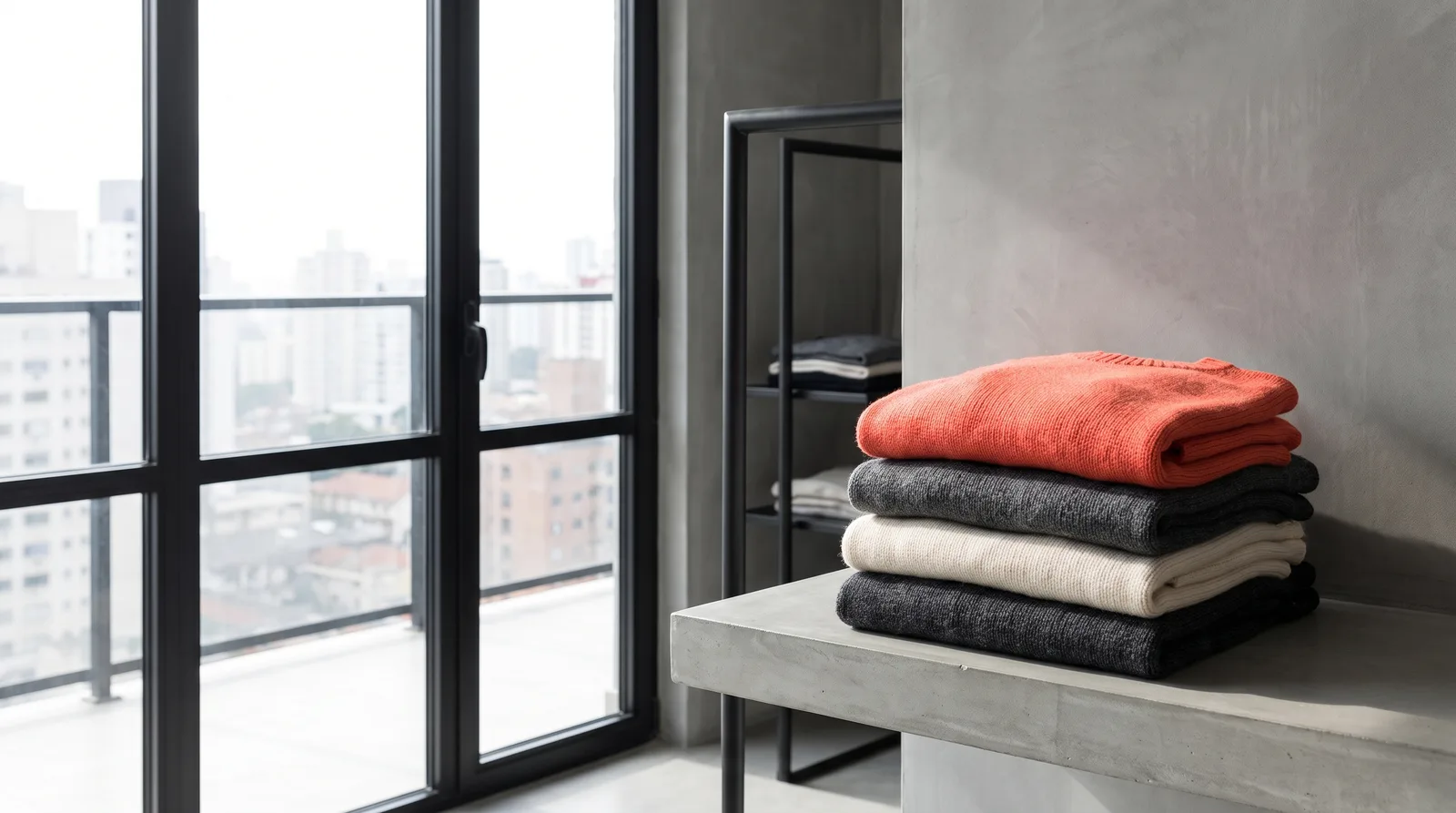 Merino knits folded on a concrete shelf with a single coral accent