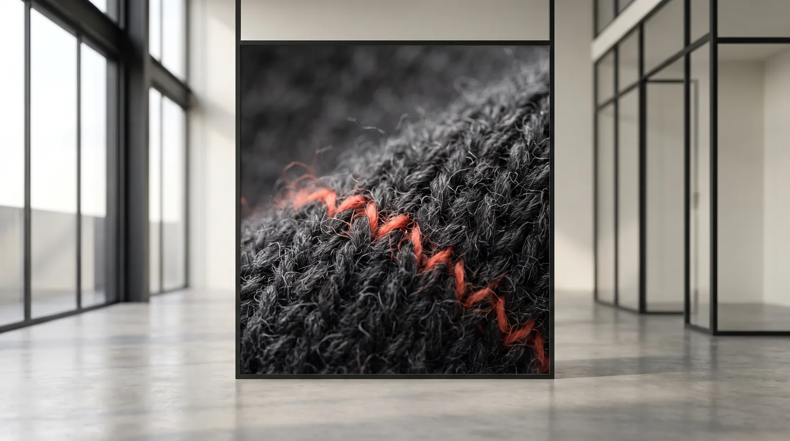Macro of a charcoal merino knit with one coral thread