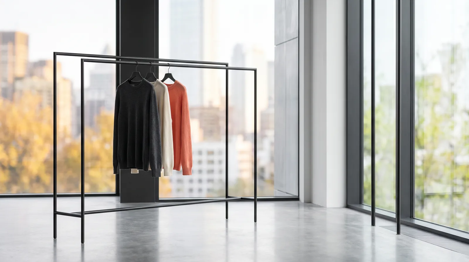Minimal room with a black steel rail and a few light wool garments