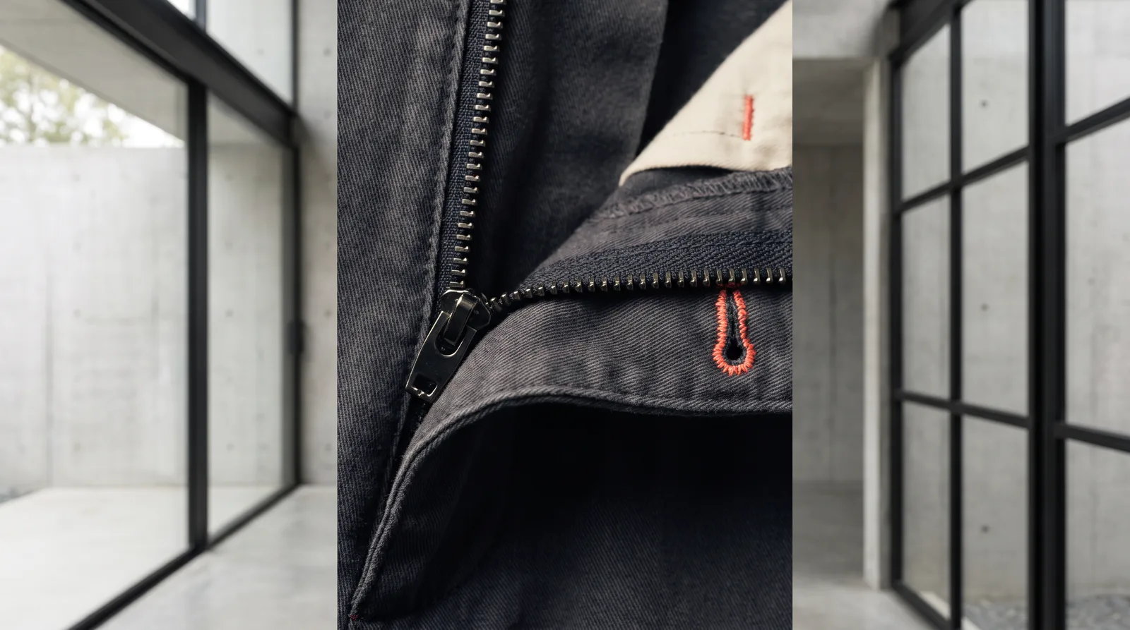 Macro of a zip with fine teeth and a sewn buttonhole on anthracite cotton, with coral thread