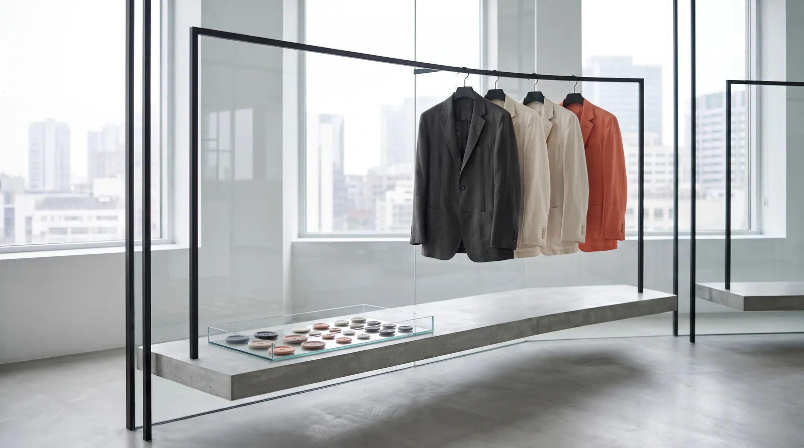 A minimal studio with a black steel rail, a few neutral lined jackets and a tray of buttons on a concrete shelf